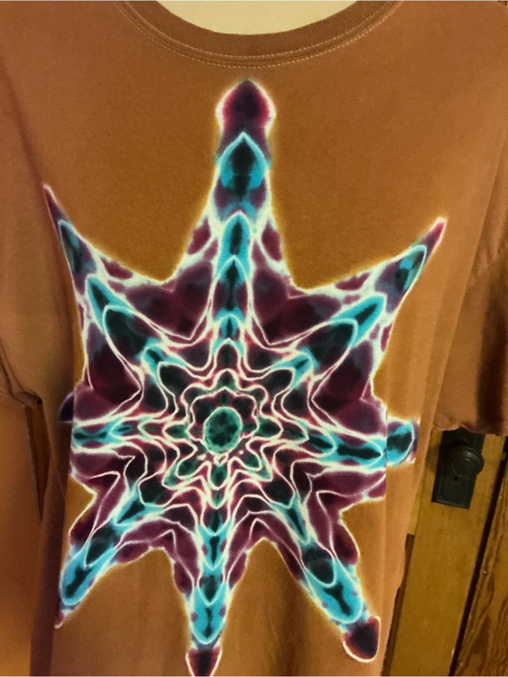 Hand Dyed Tie Dye T-Shirt XL Rust Brown Psychedelic Star Mandala Boho Hippie - Picture 9 of 10
